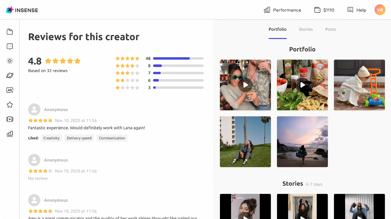 Insense's influencer search feature shows reviews and star ratings of each creator