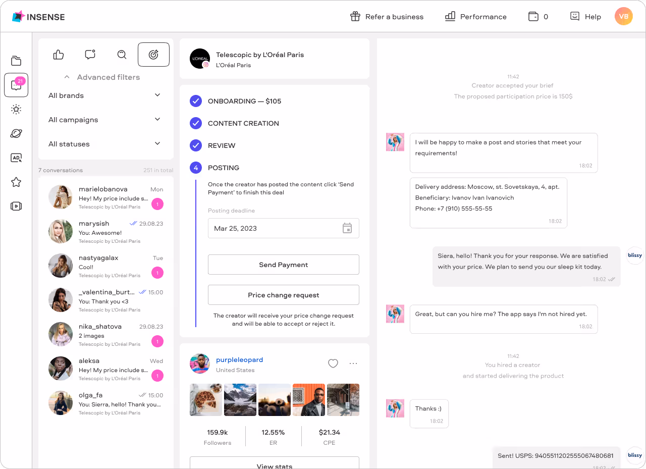 Insense's creator marketplace gives you access to over 69 vetted influencers