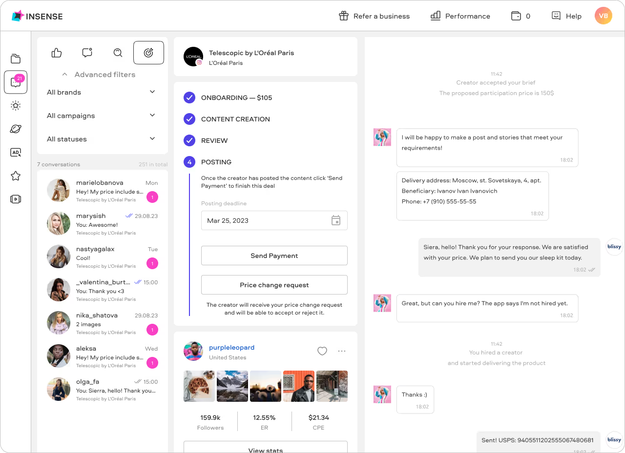 Insense's creator marketplace gives you access to over 69 vetted influencers