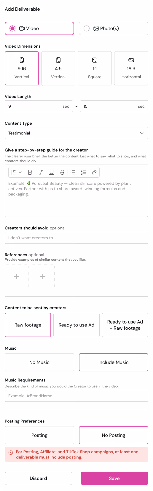 creative assets section on brief