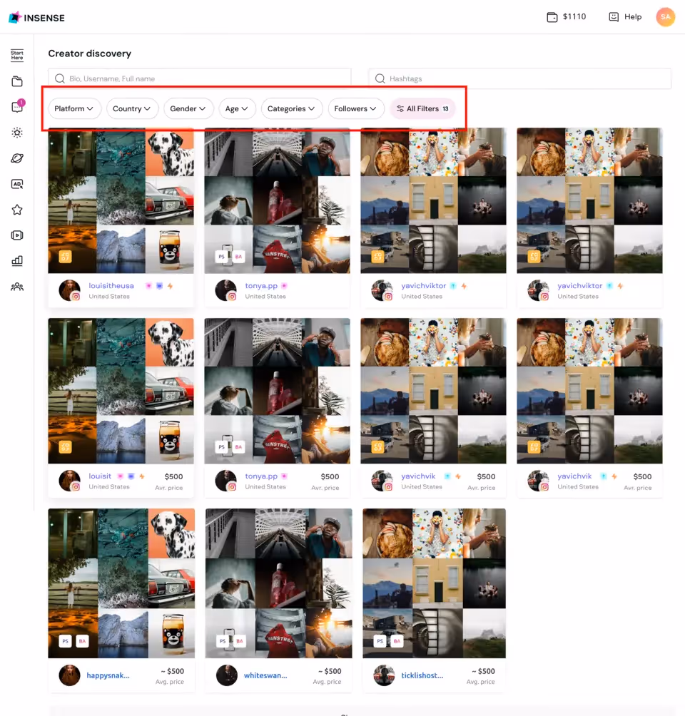 Insense's creator marketplace creator discovery