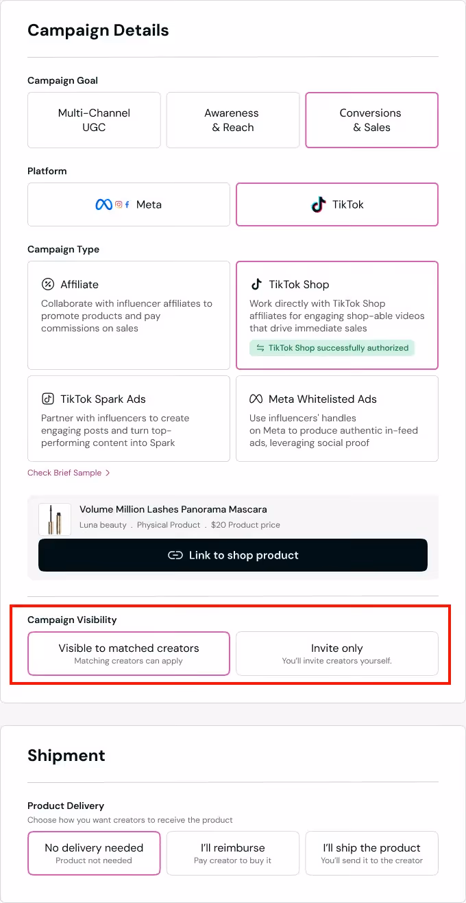 Campaign Details - Private Visibility on Insense