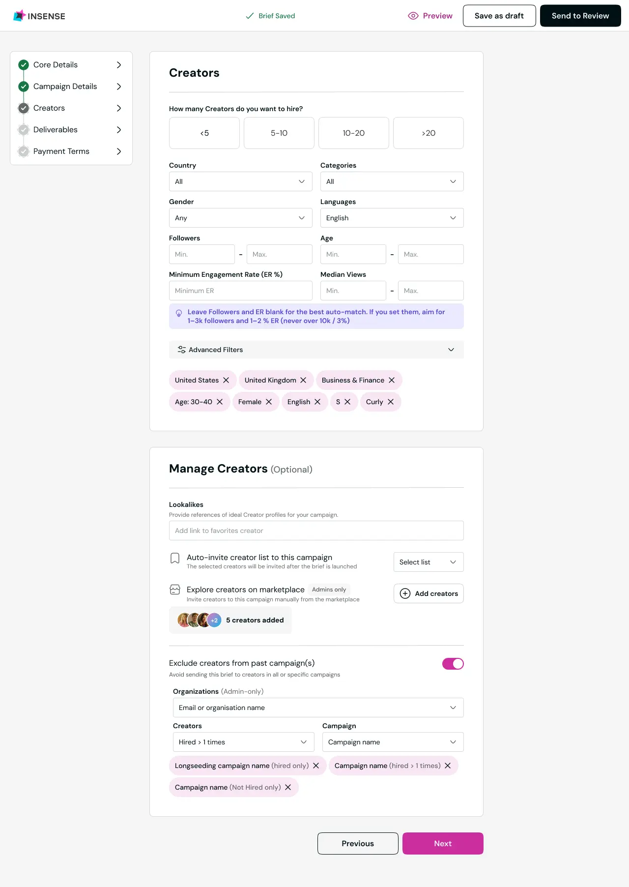 pricing filters to find influencers on Insense