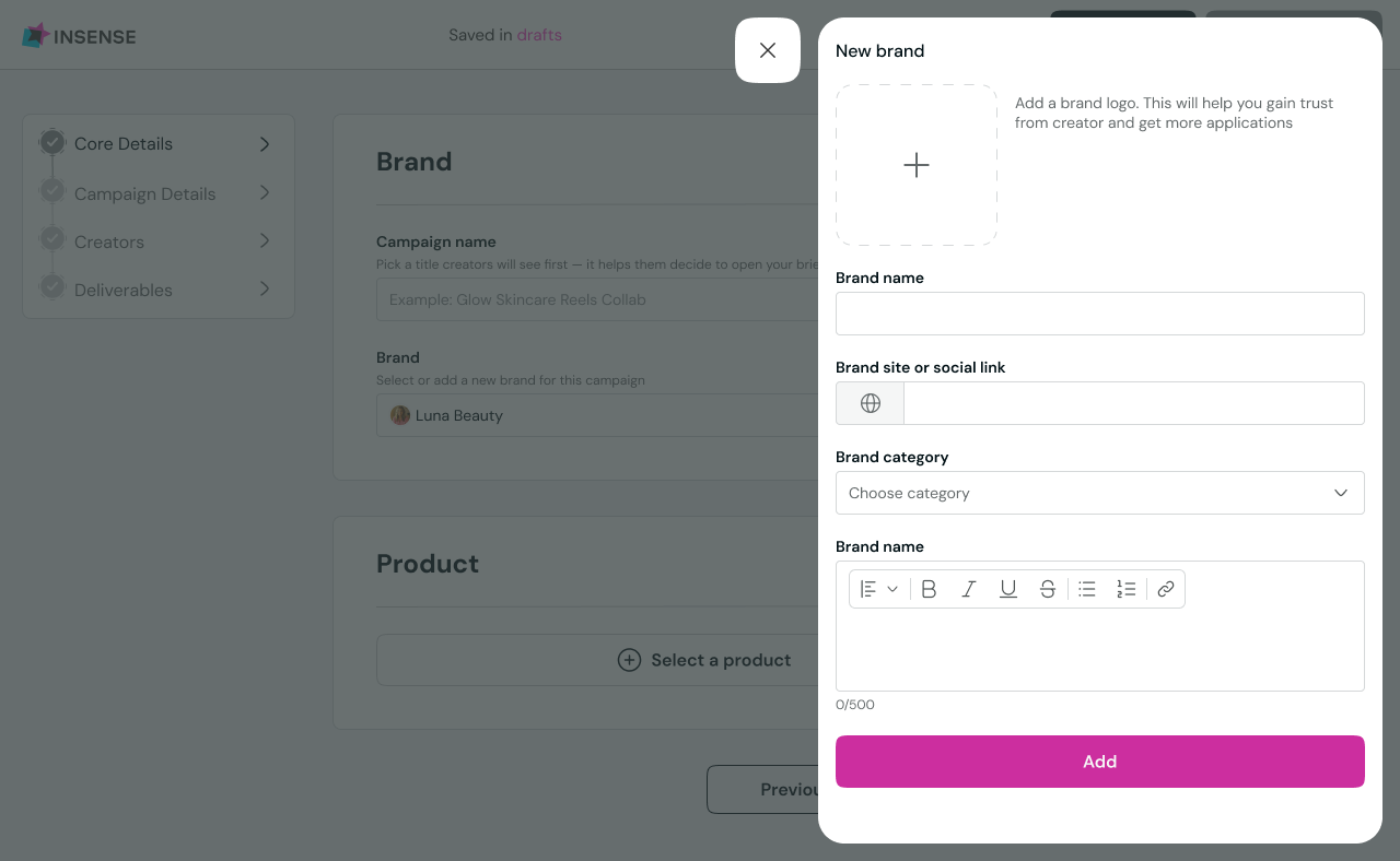 choose a brand button on brief page