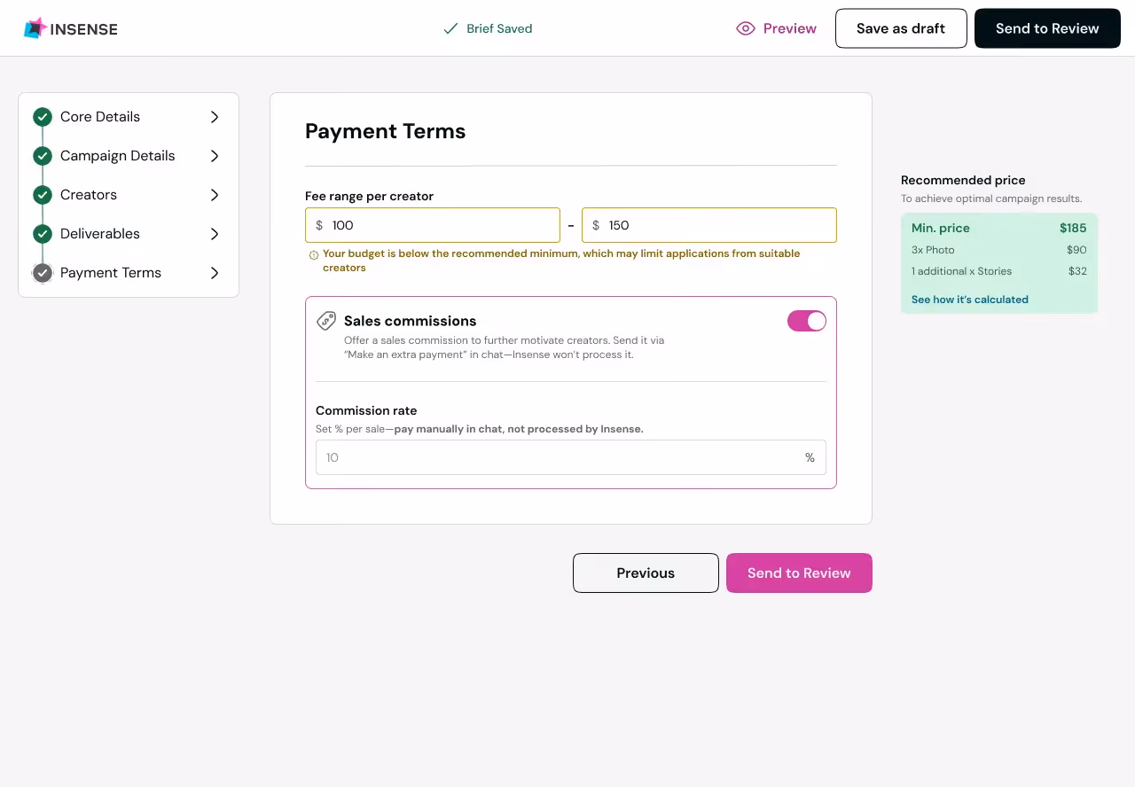 Insense's brief page