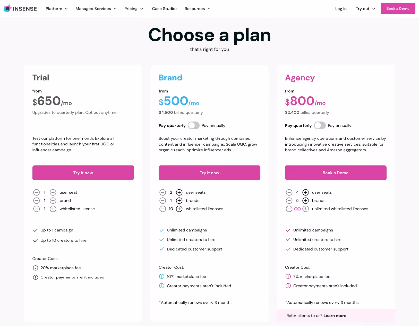 Priing for self-service plan of Insense