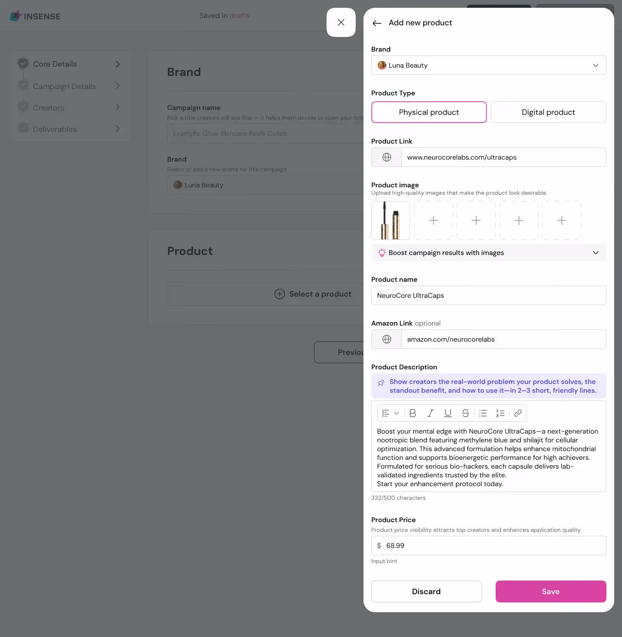 Adding product to Insense platform