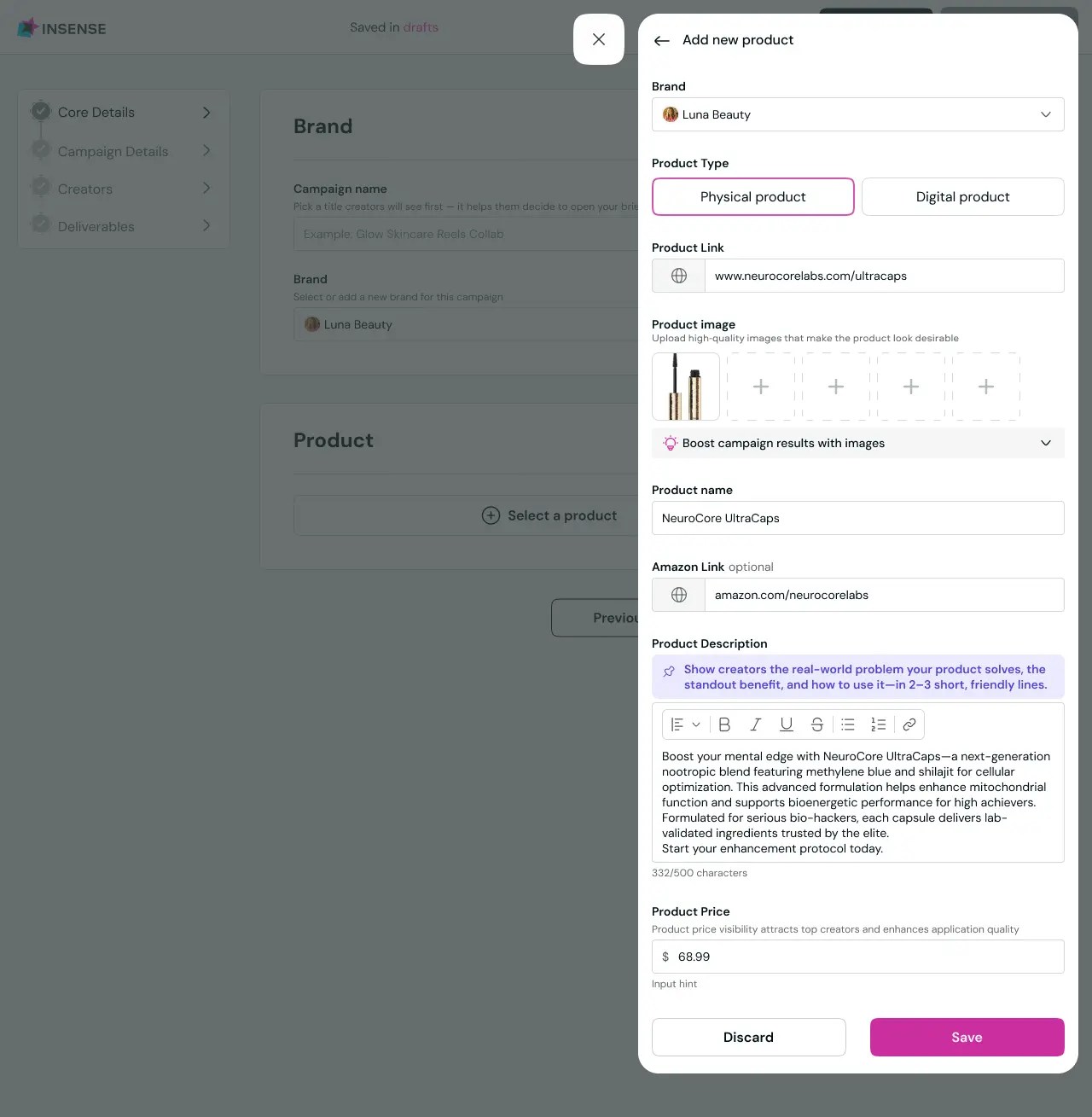 Adding product to Insense platform