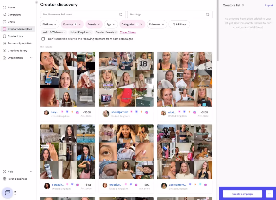 Insense advanced search filters on creator marketplace