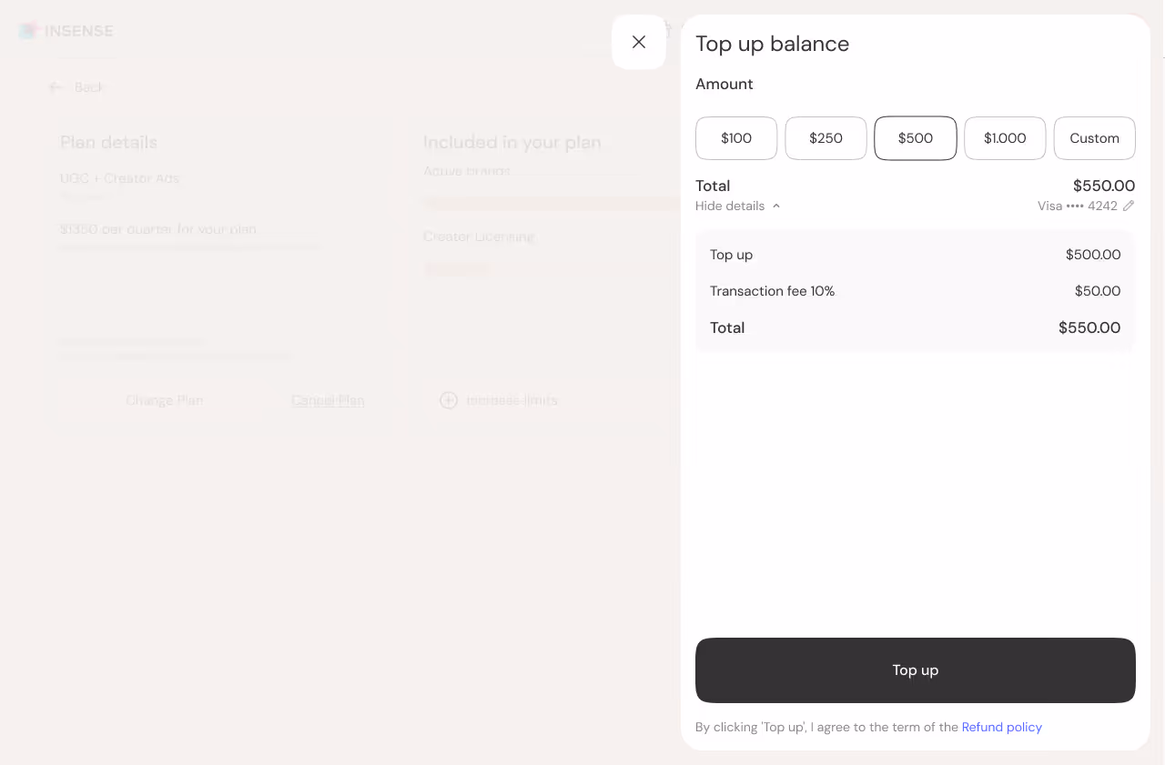 Top up balance with simpe billing system on Insense