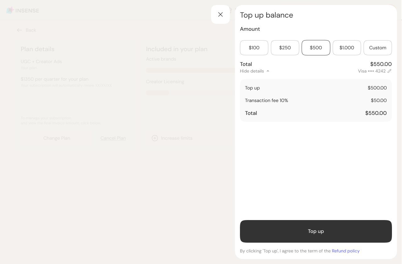 Top up balance with simpe billing system on Insense