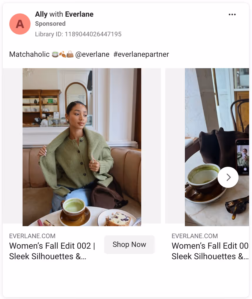 Everlane Carousel Ad on Facebook with a women sat in a cafe wearing a green jumper.