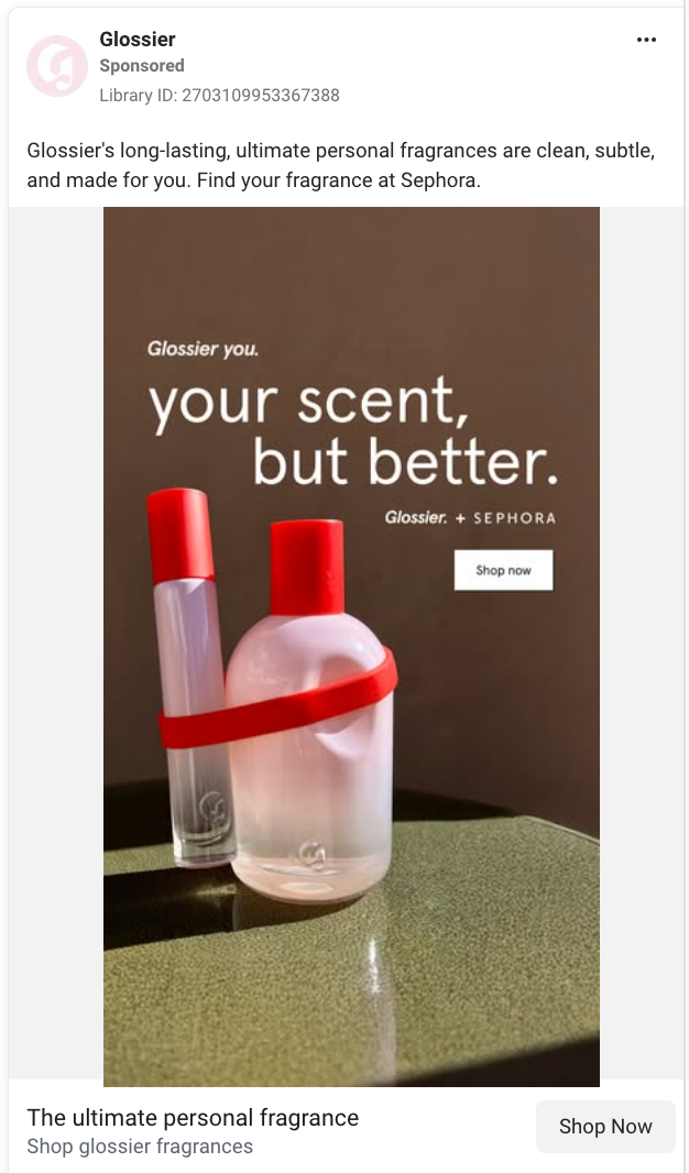 Glossier static image ad showing two bottles of product held together by a red band