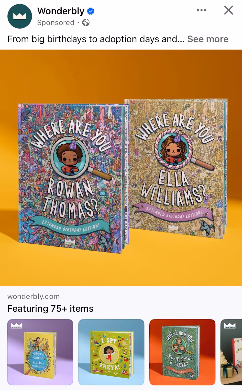 Wonderbly collection ad showing a selection of colorful book covers on bright backgrounds