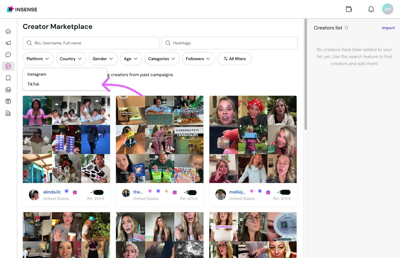 Pick TikTok in Creator Marketplace