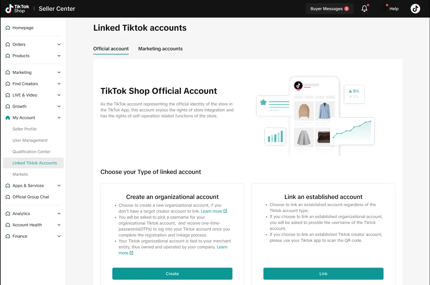 Linked TikTok accounts page