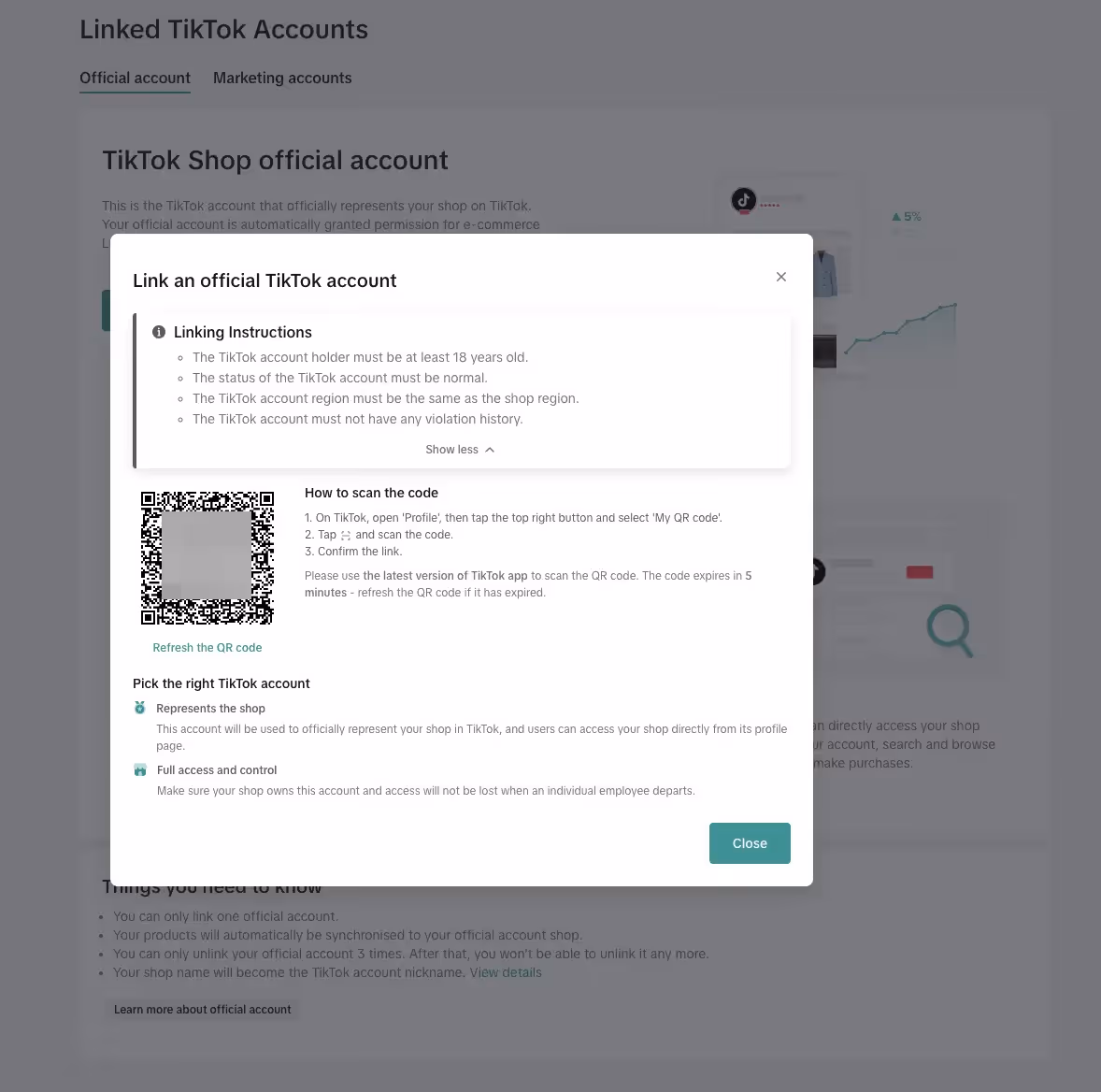 QR code to set up a TikTok shop seller account