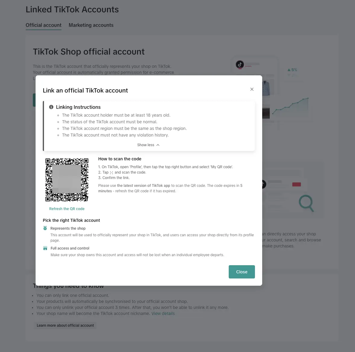 QR code to set up a TikTok shop seller account
