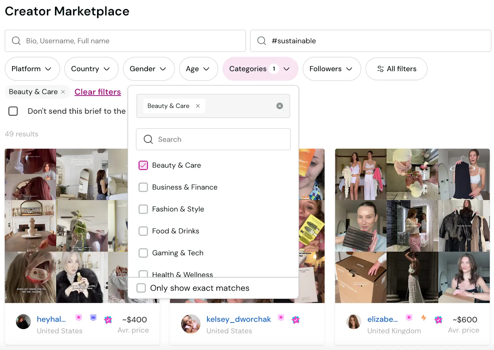 Insense's creator marketplace with a filtered search for sustainable influencers in beauty and care