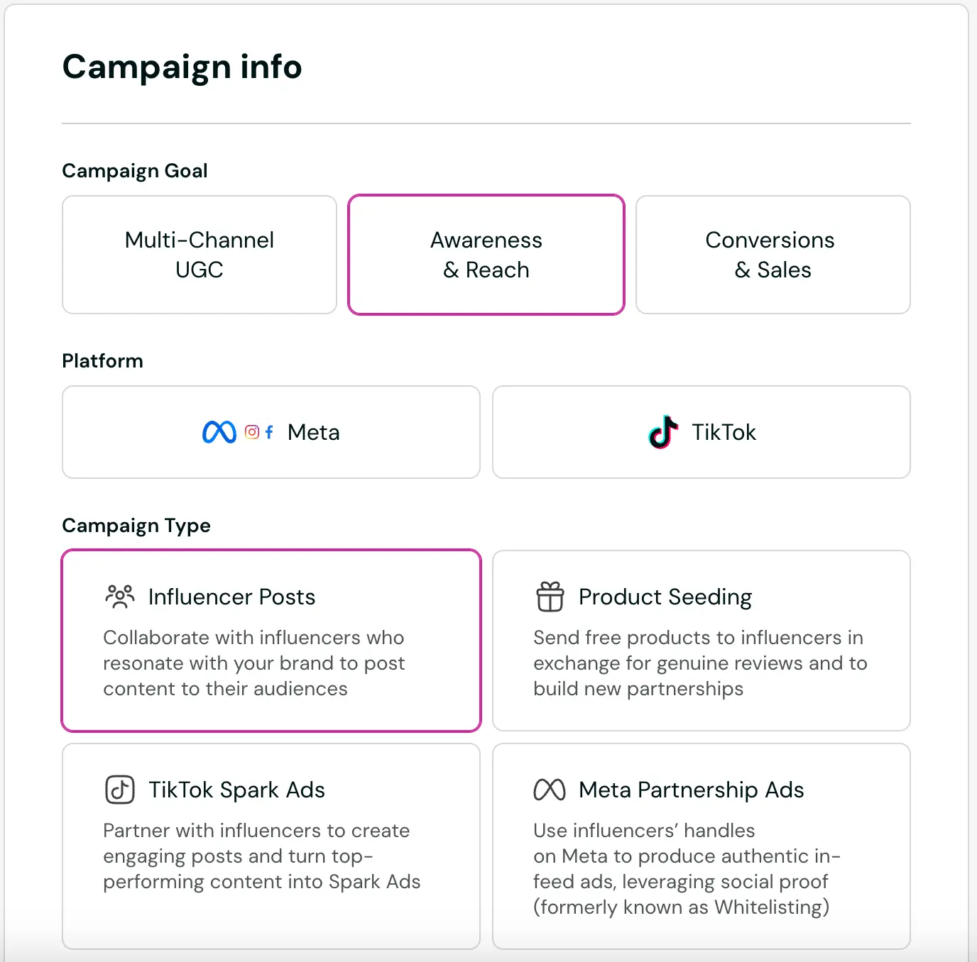  Insense's creative brief building has lets you choose your campaign goal and platform