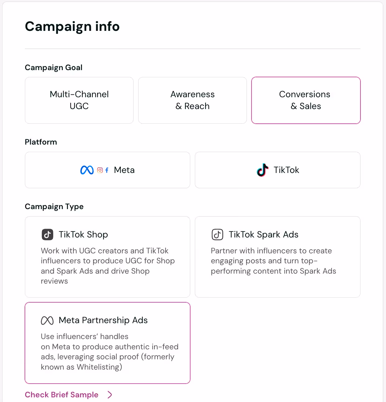 campaign details for influencer whitelisting on IG