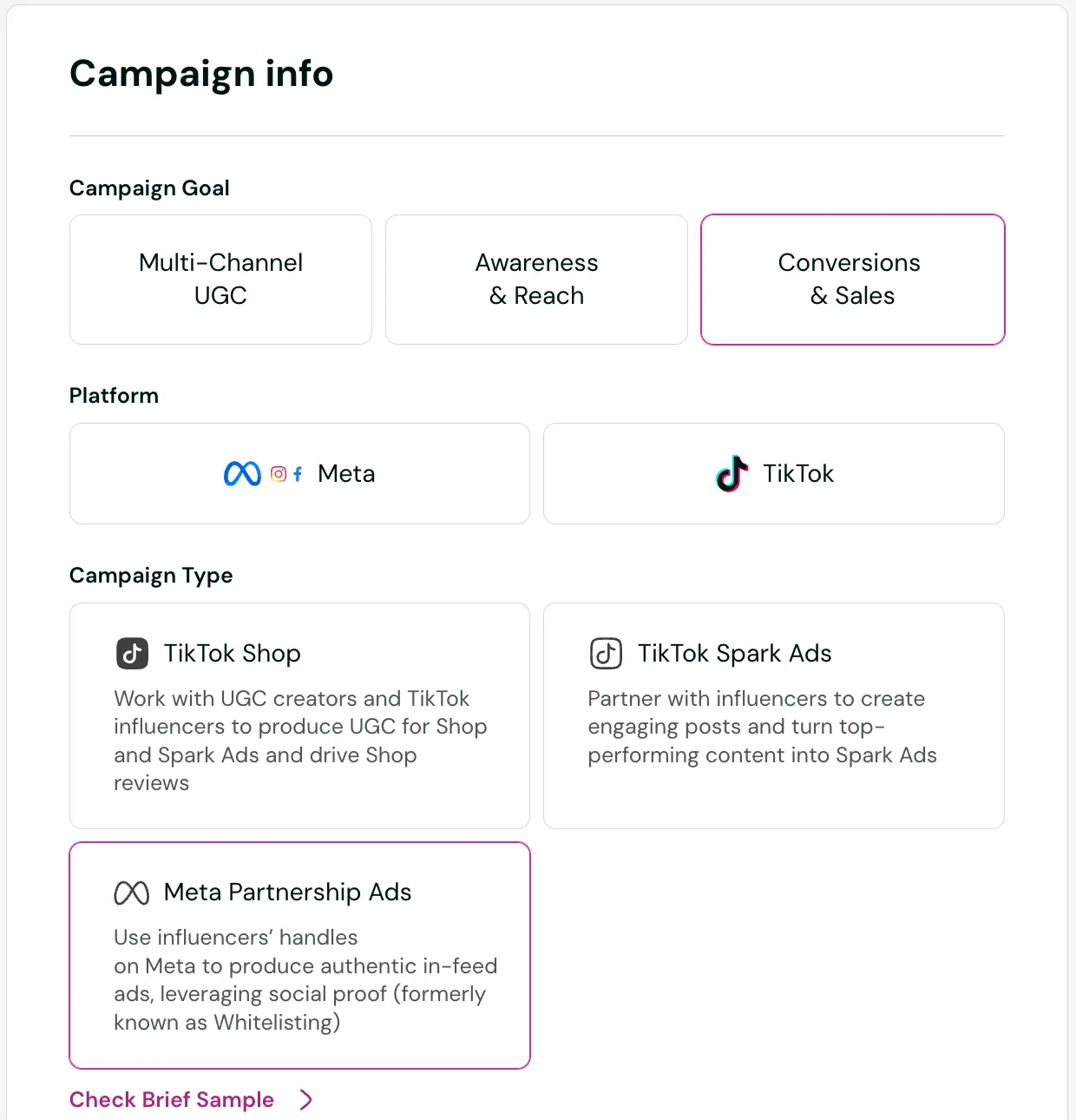 campaign details for influencer whitelisting on IG