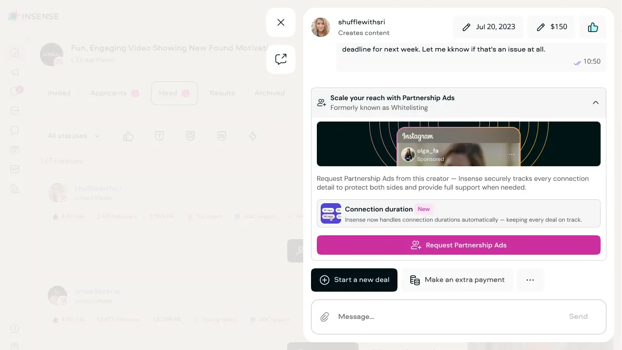 Request to whitelisting influencer on IG from Insense