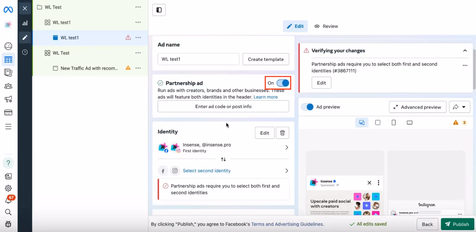 step 2 of whitelisting creators on instagram
