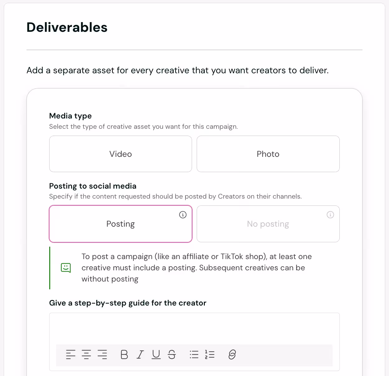 chose campaign type on Insense for influencer marketing