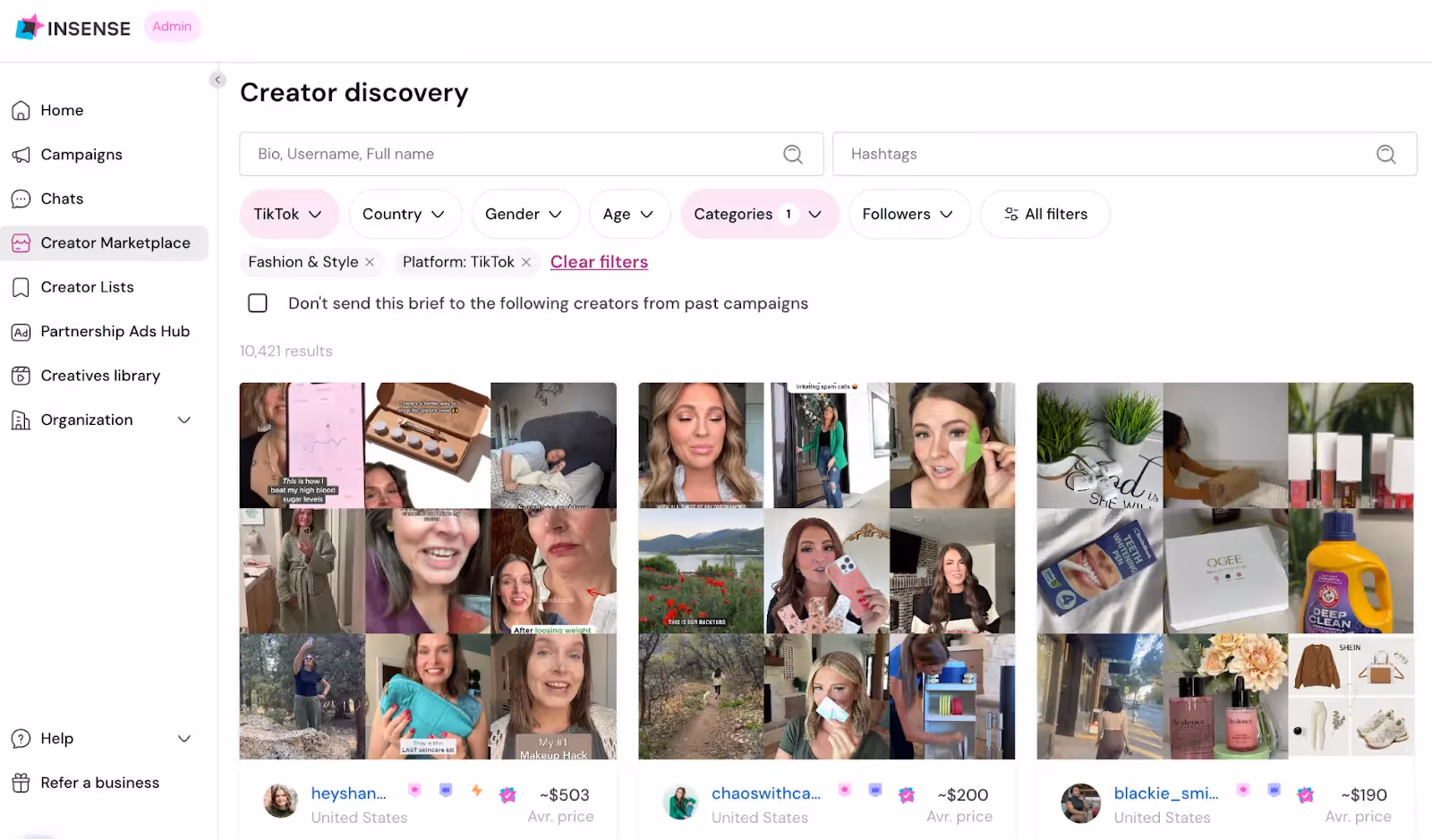 creator marketplace on Insense to run campaigns