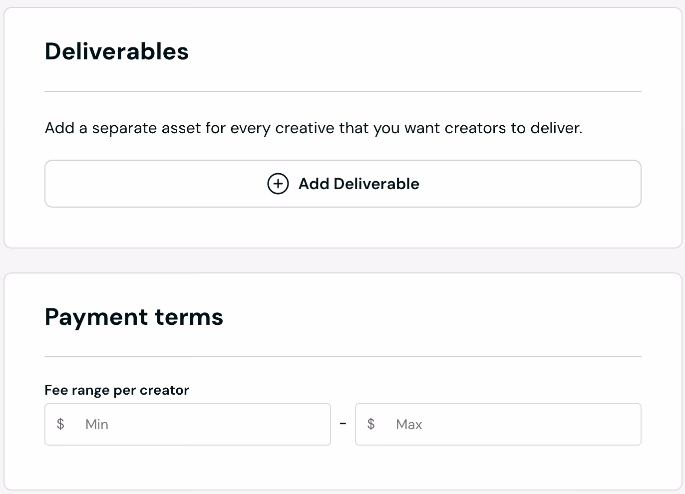 Insense's brief builder to add deliverables and payment terms