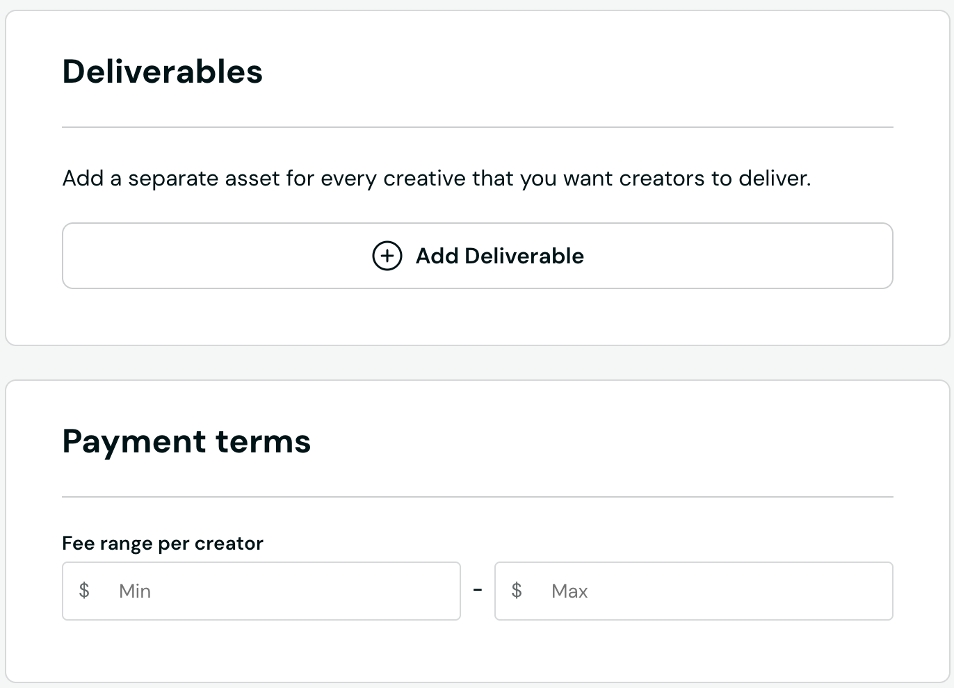 Insense's brief builder to add deliverables and payment terms