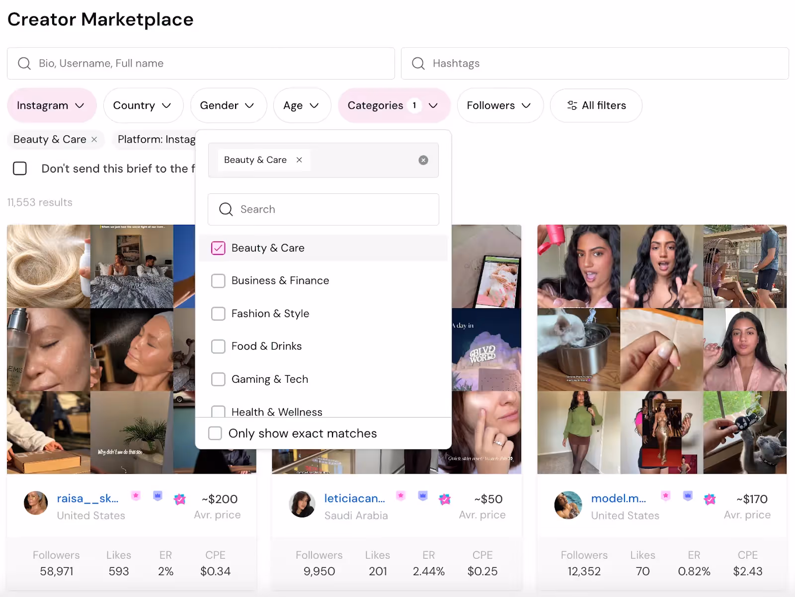 Insense's marketplace filtering options include beauty and care