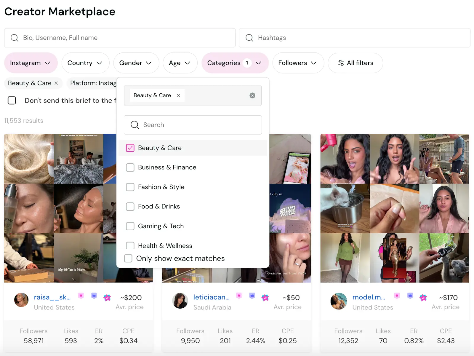 Insense's marketplace filtering options include beauty and care