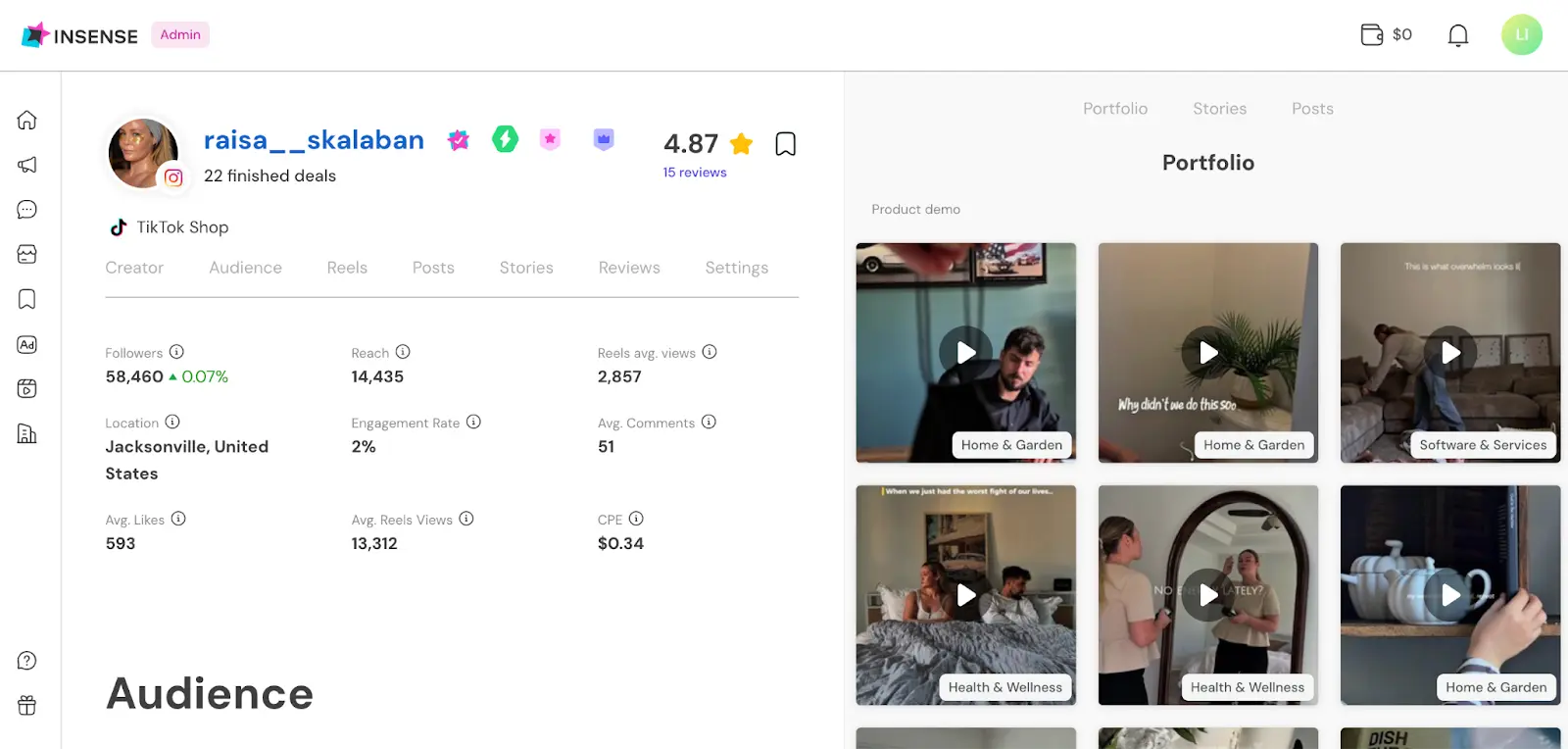 Insense creator profile showing previous content, follower count, and other metrics