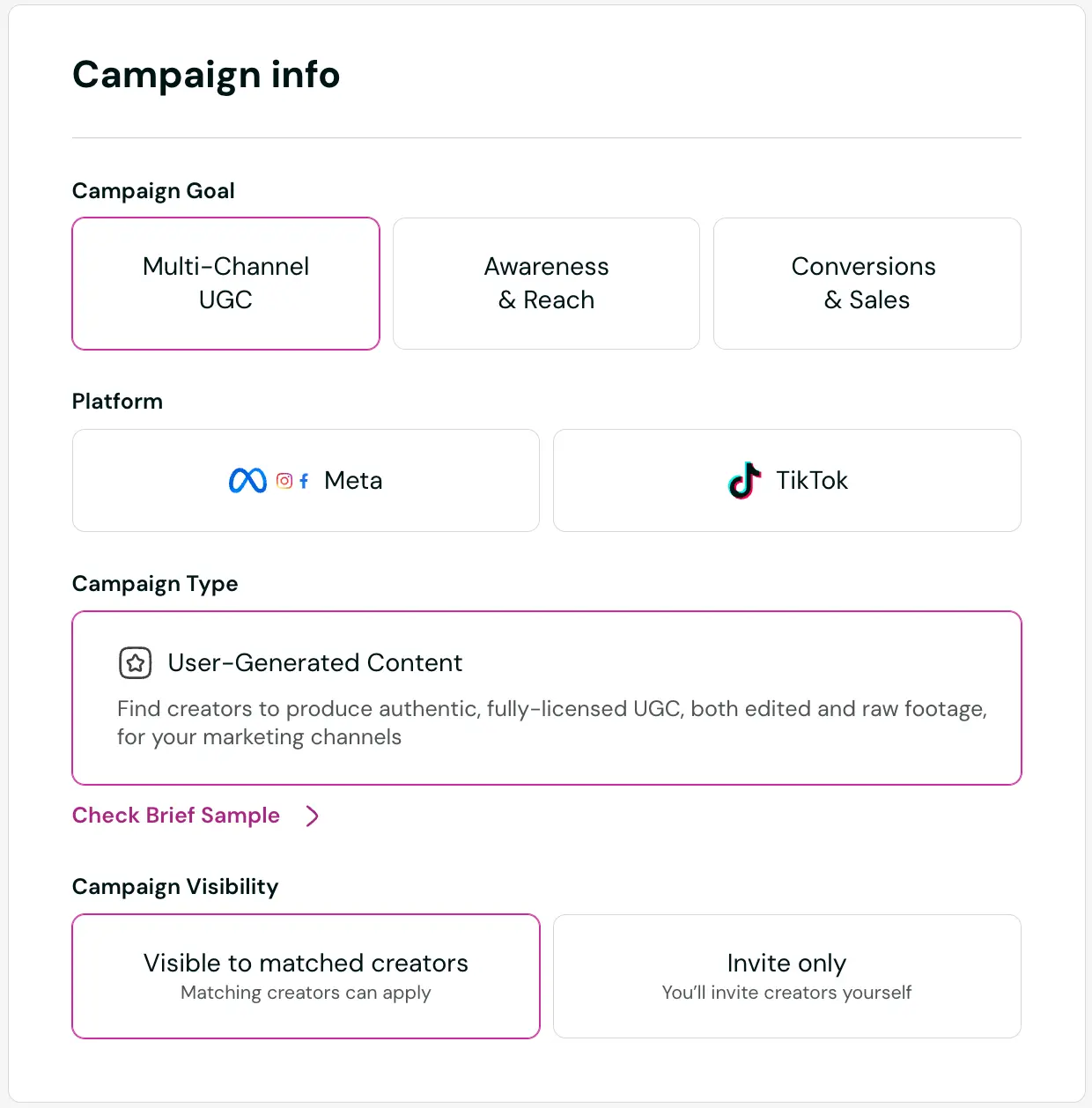 nsense's brief builder form showing options for campaign goal