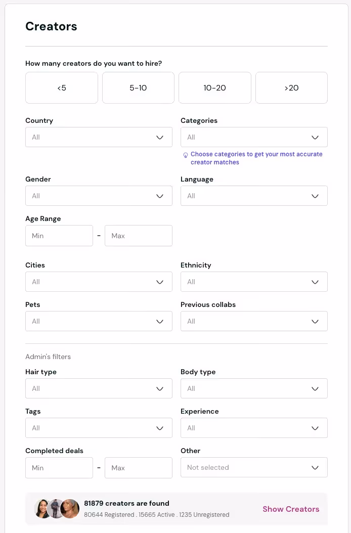 Insense brief builder "creators" section with option to filter creators by age, demographics and other information.