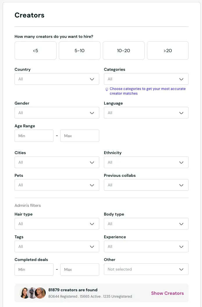 Insense brief builder "creators" section with option to filter creators by age, demographics and other information.