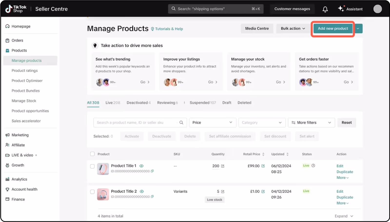 Manage products on TikTok Shop