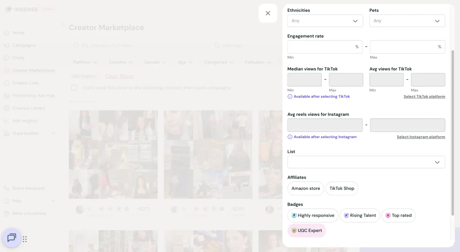 filters on creator marketplace