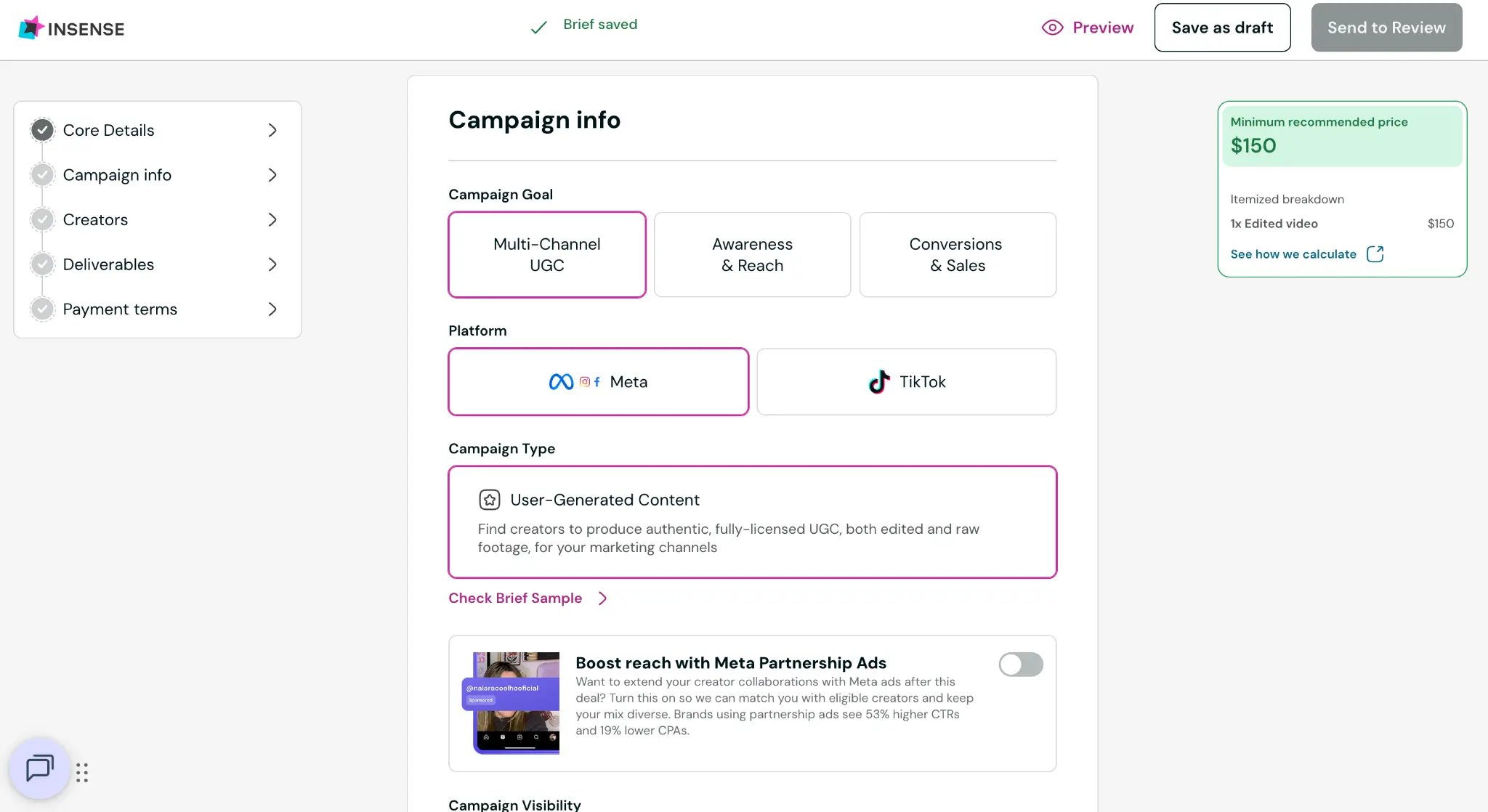 Campaign info for UGC on Insense
