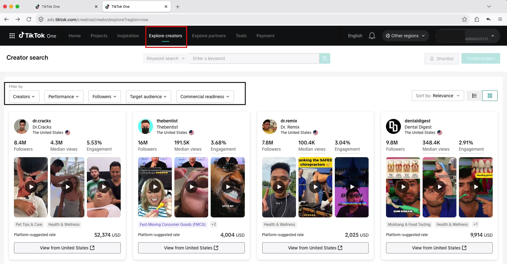 Search creators on TikTok One and Creator Marketplace