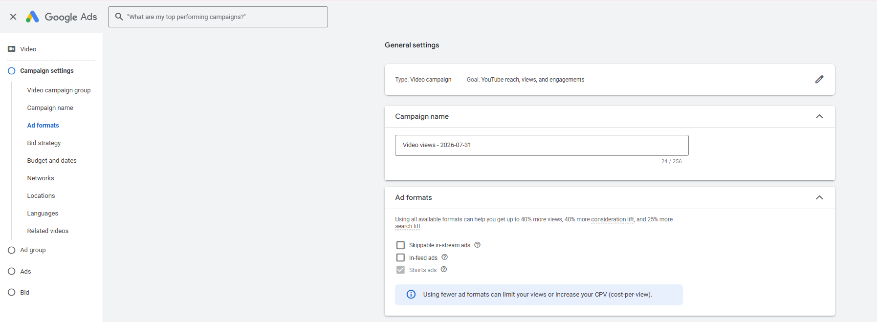 Selecting ad formats for Youtube shorts ads