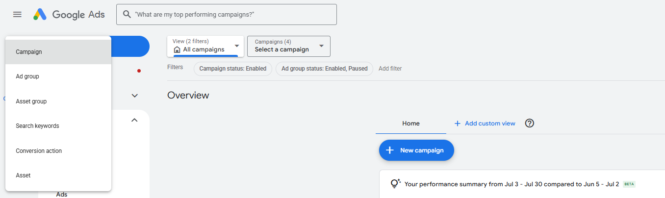 creating campaign in Google Ads