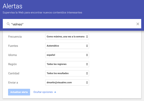 Configuración de "Velneo" en Google Alerts