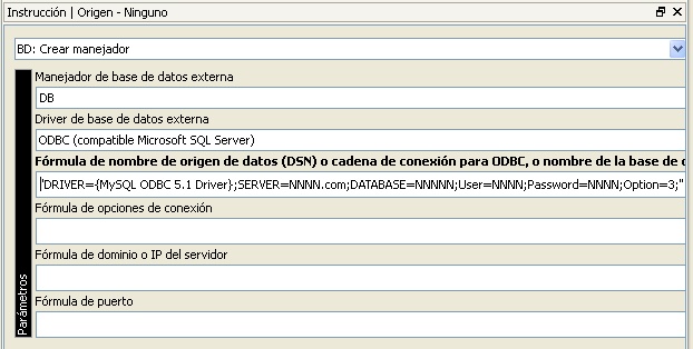Parámetros del comando "BD: Crear manejador"