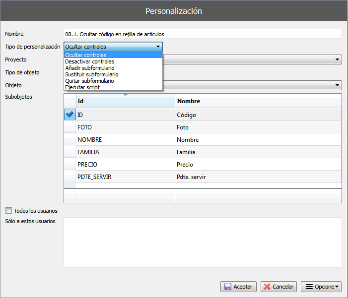 Cómo personalizar aplicaciones en ejecución. Formulario de configuración