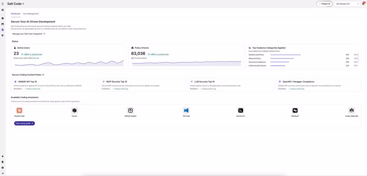 The Salt Code dashboard. Real telemetry across every connected coding assistant.
