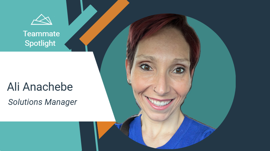 Teammate Spotlight graphic featuring Ali Anachebe, Solutions Manager. The design includes teal and orange geometric accents and a white text panel on the left