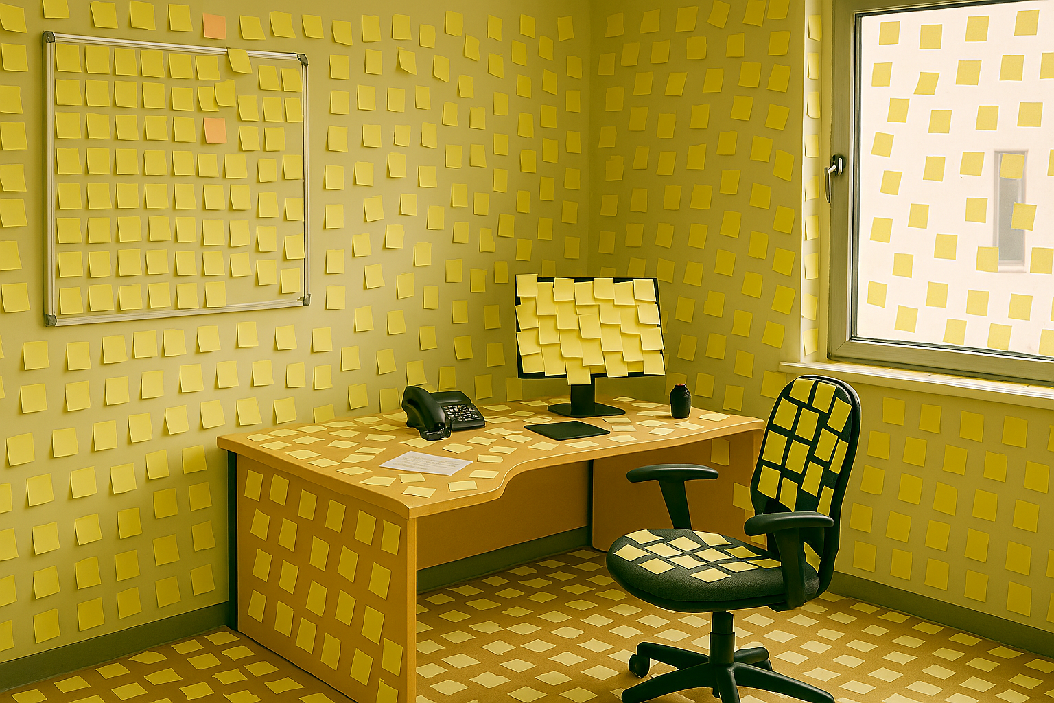 An office corner with beige walls and a window, completely covered in yellow sticky notes. A wooden desk holds a monitor, phone, and notepad, all plastered with sticky notes. The black office chair and the floor are also covered in sticky notes, creating a humorous, chaotic scene